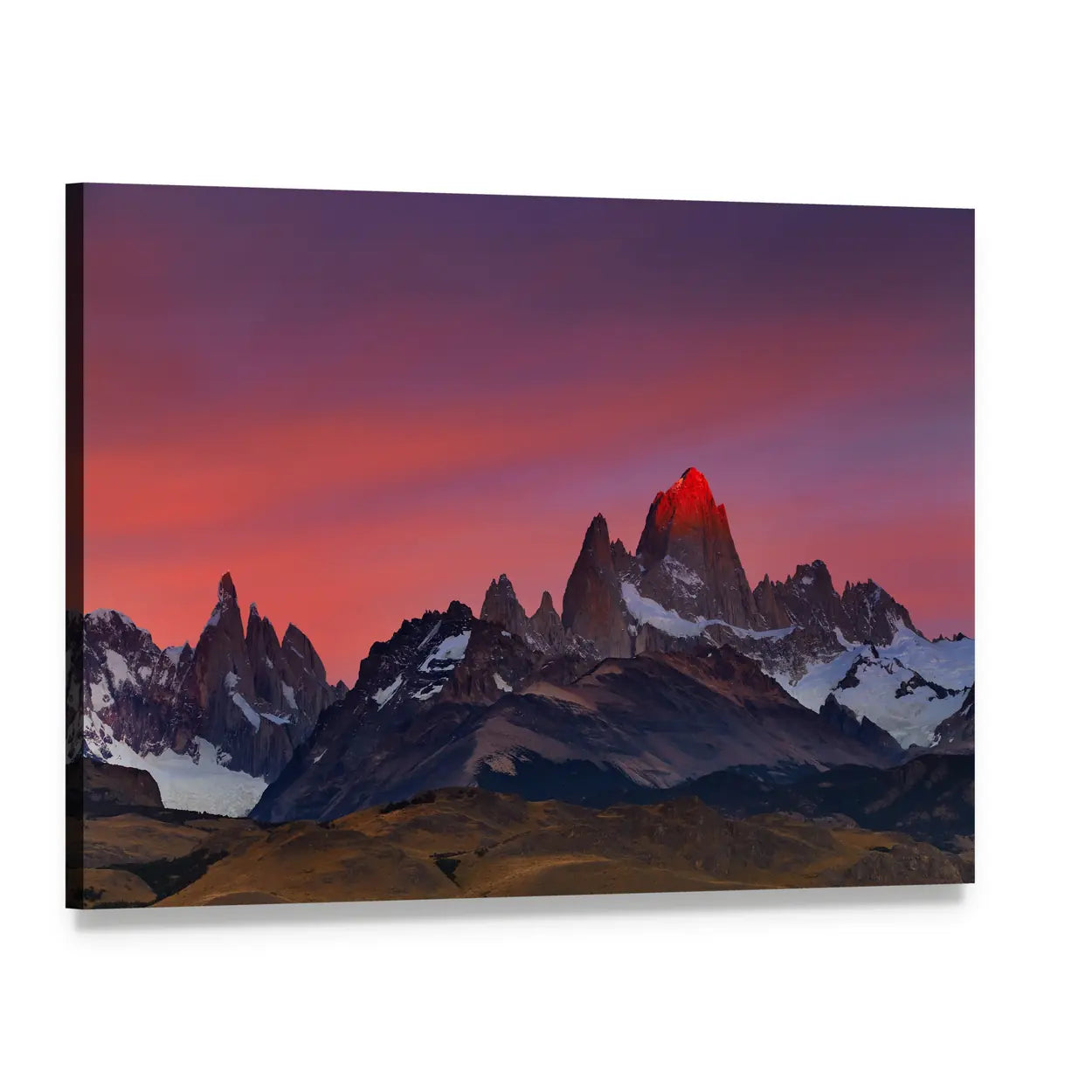 Mount Fitz Roy at Sunset Canvas Wall Art, single panel gallery wrapped canvas, angled product view