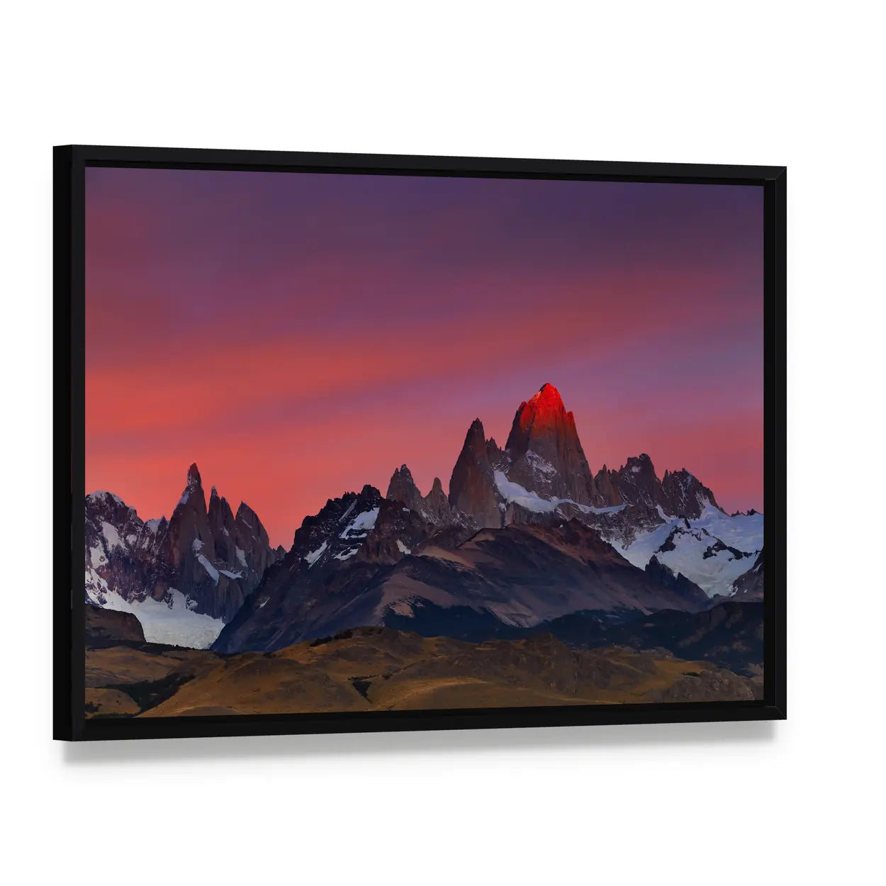 Mount Fitz Roy at Sunset Canvas Wall Art, framed canvas in a black floater frame, angled product view