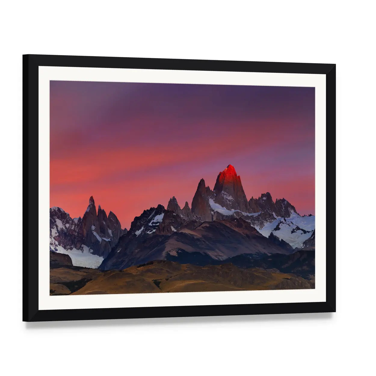Mount Fitz Roy at Sunset Canvas Wall Art, framed print with white mat and black frame, angled product view