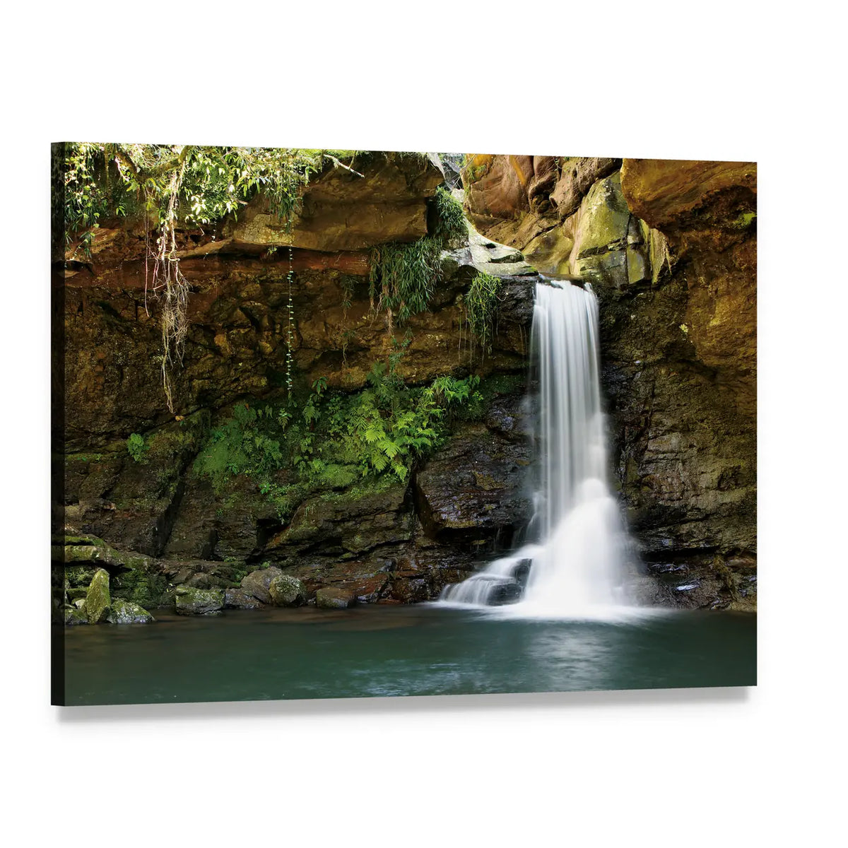 Silky Waterfall Over Mossy Rocks Canvas Wall Art, single panel gallery wrapped canvas, angled product view