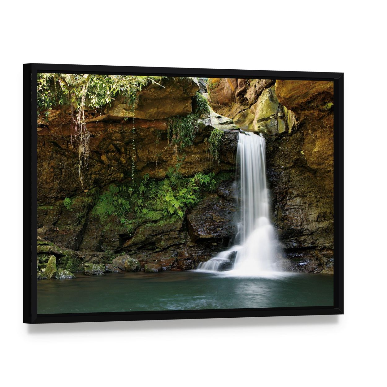 Waterfall at Rocky Place Canvas Wall Art, framed canvas in a black floater frame, angled product view