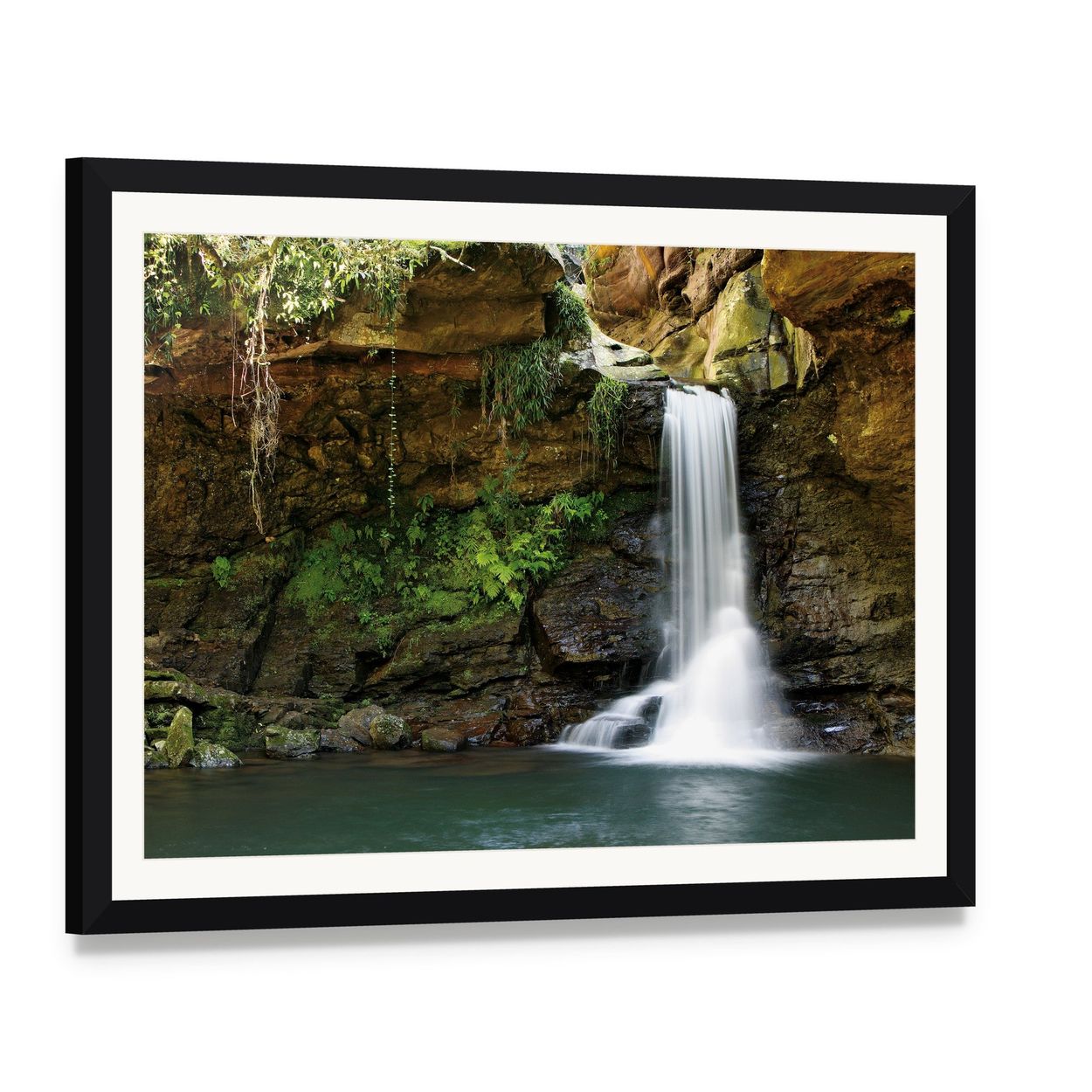 Waterfall at Rocky Place Canvas Wall Art, framed print with white mat and black frame, angled product view