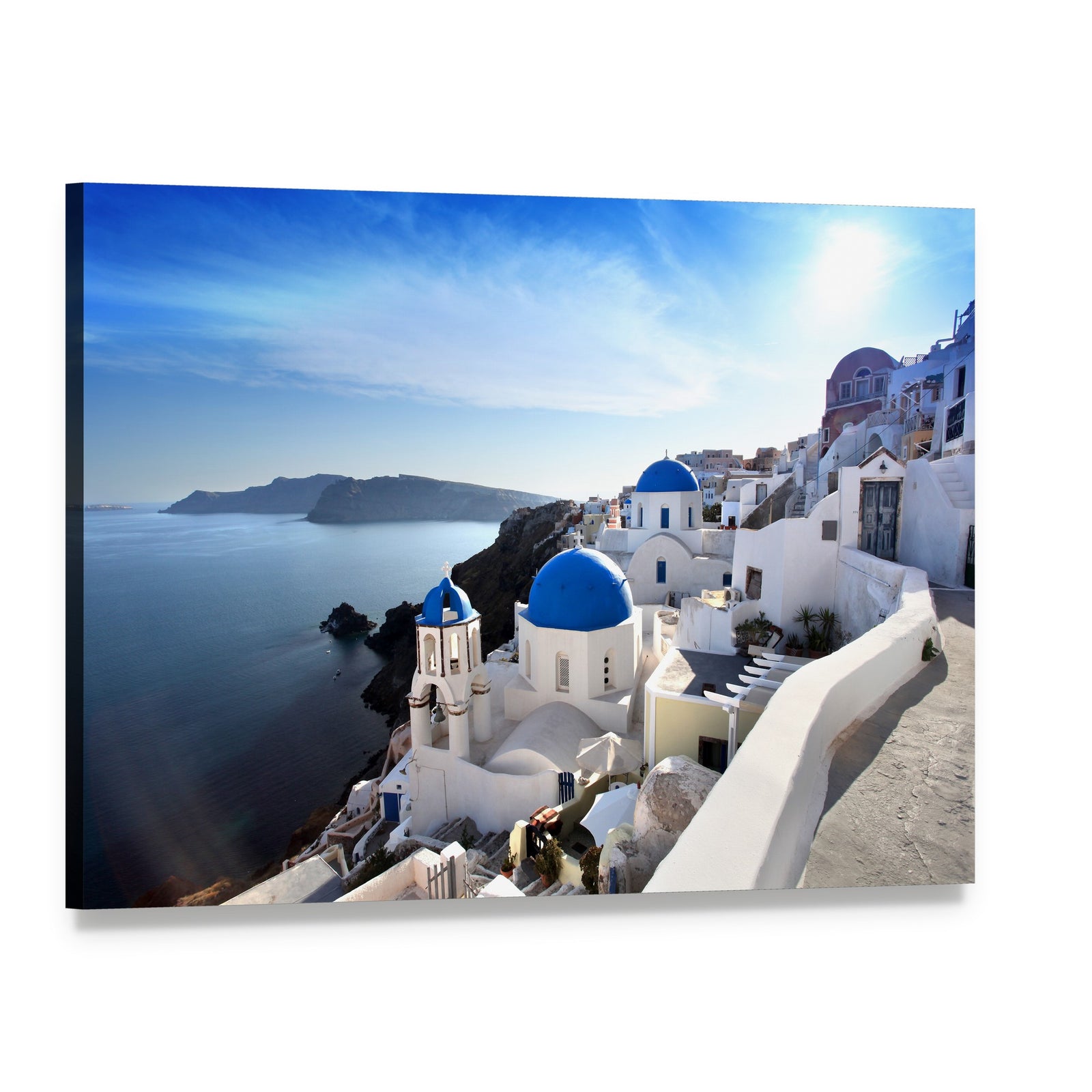 Santorini Island with Blue Domed Churches Canvas Wall Art, single panel gallery wrapped canvas, angled product view