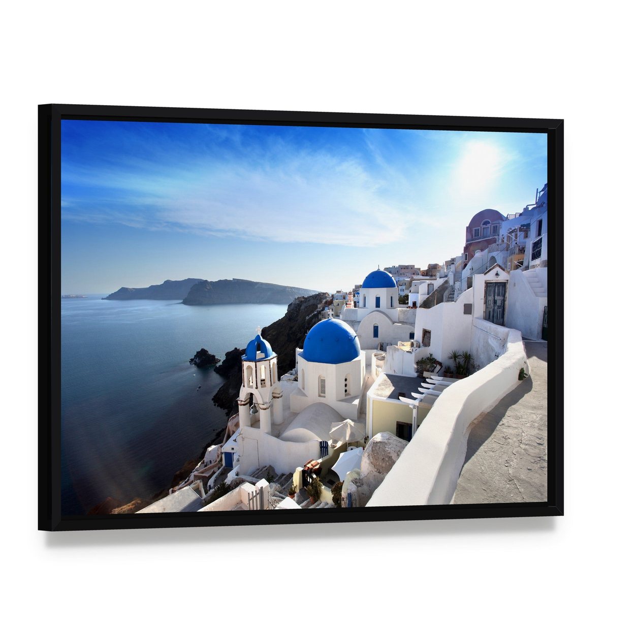 Santorini Island with Blue Domed Churches Canvas Wall Art, framed canvas in a black floater frame, angled product view