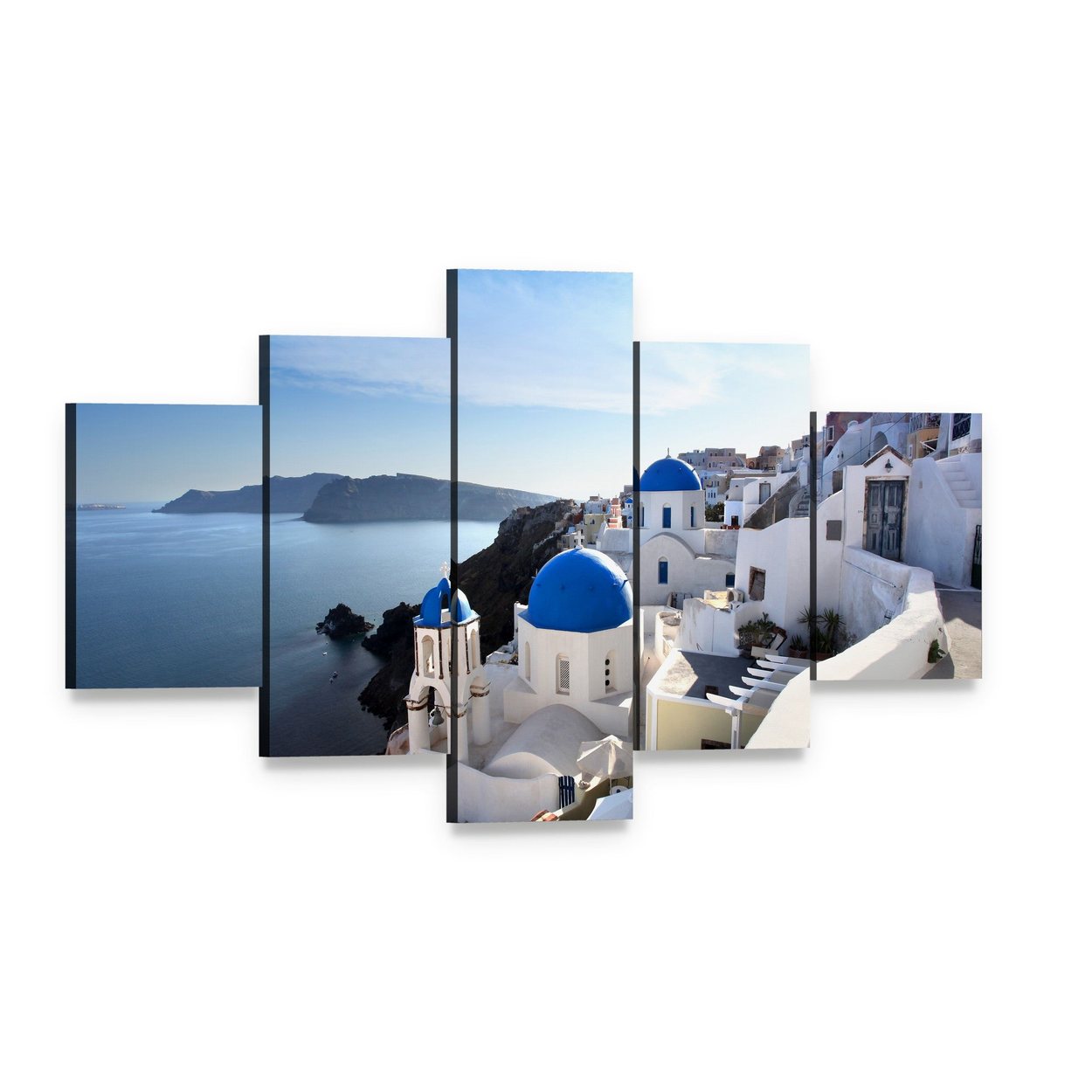 Santorini Island with Blue Domed Churches Canvas Wall Art, 5 panel 5 Star layout gallery wrapped canvas set, angled product view