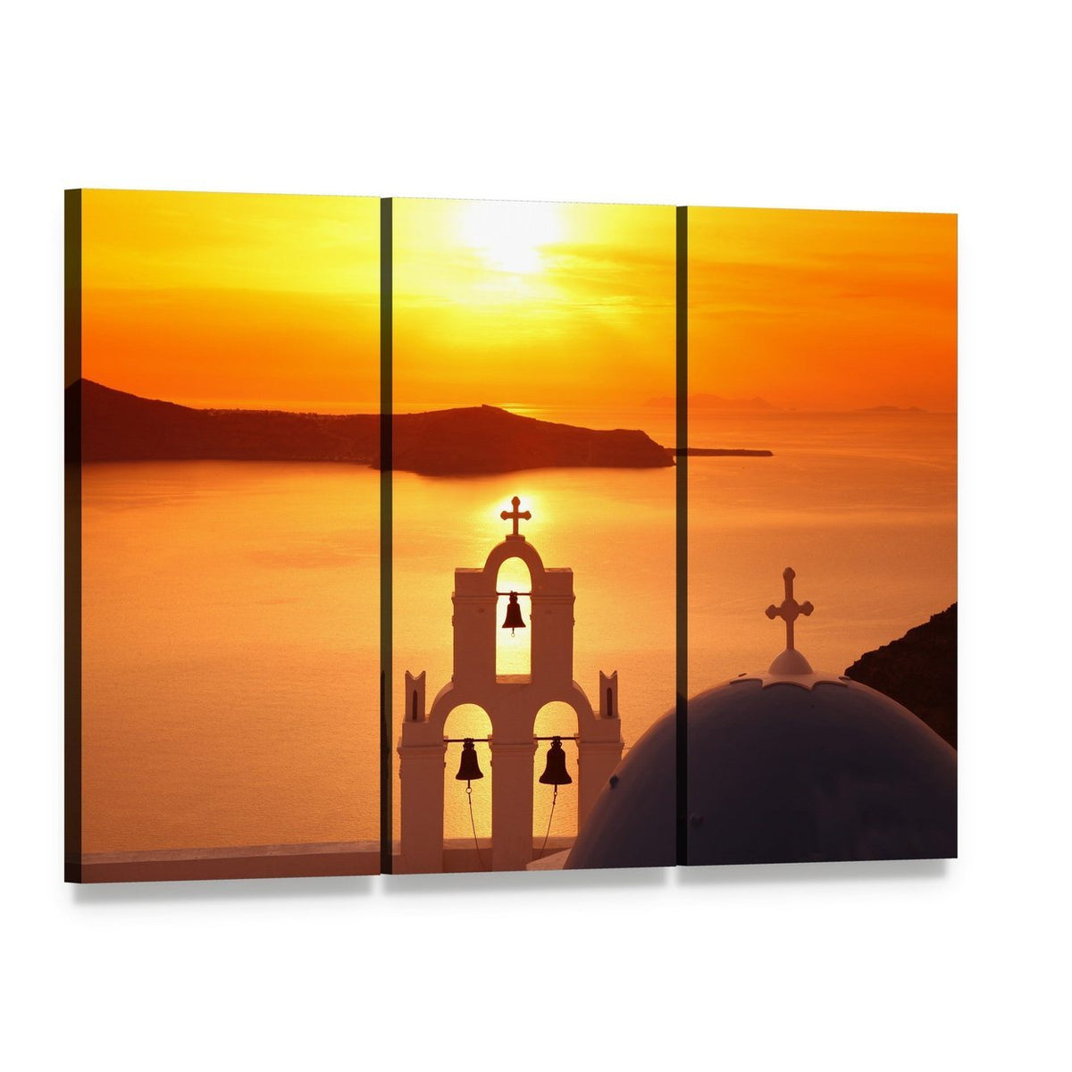 Santorini Sunset with Firostefani Church Canvas Wall Art, 3 panel 3 Horizontal layout gallery wrapped canvas set, angled product view