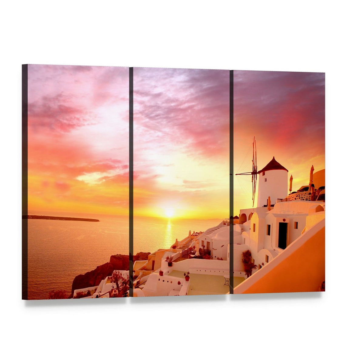 Santorini Sunset with Windmill in Greece Canvas Wall Art, 3 panel 3 Horizontal layout gallery wrapped canvas set, angled product view