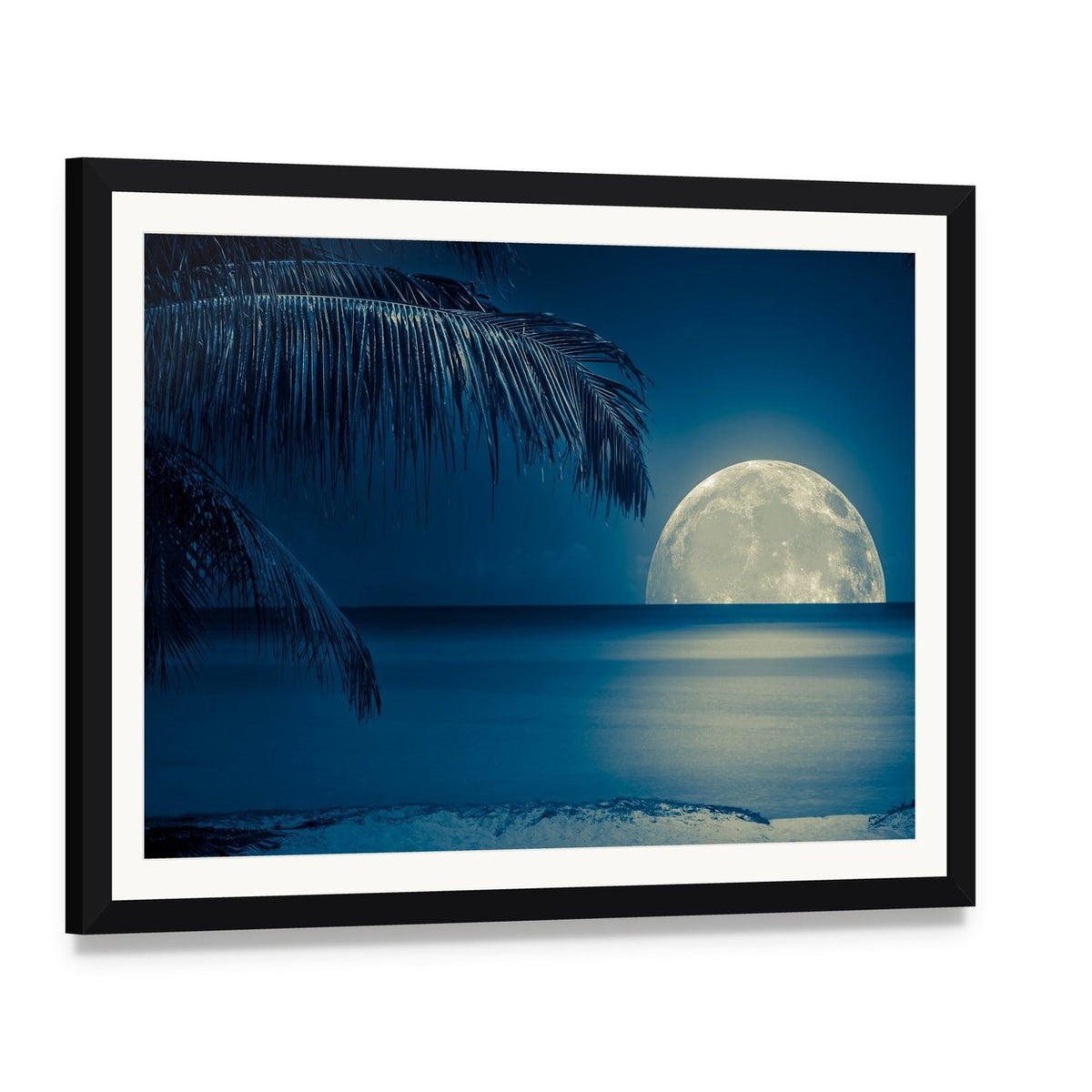 Moonlit Beach Reflection Canvas Wall Art, framed print with white mat and black frame, angled product view