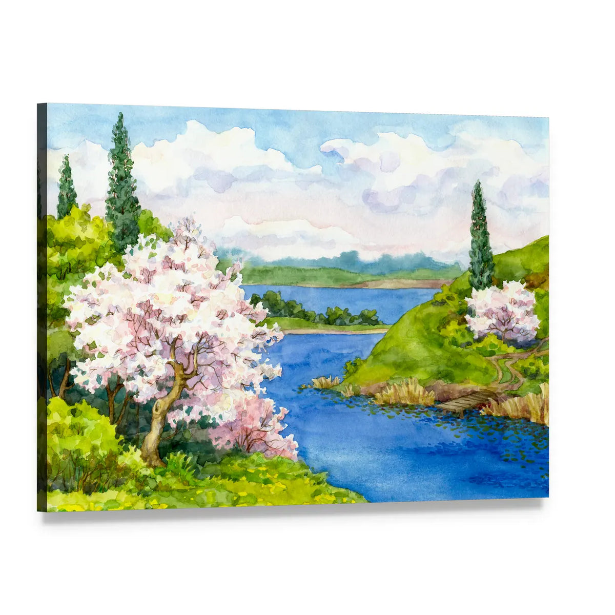 Watercolor Spring Cherry Blossom Landscape Canvas Wall Art, single panel gallery wrapped canvas, angled product view