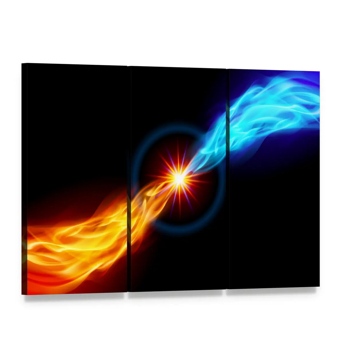 Starburst of Fire and Ice Canvas Wall Art, 3 panel 3 Horizontal layout gallery wrapped canvas set, angled product view