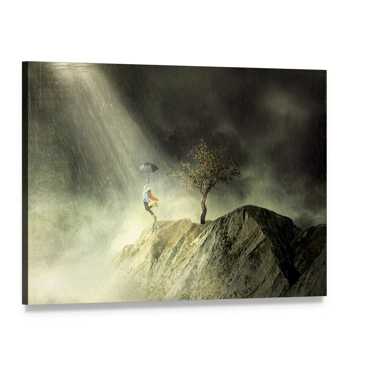 Person with Umbrella on Rainy Cliff Canvas Wall Art, single panel gallery wrapped canvas, angled product view