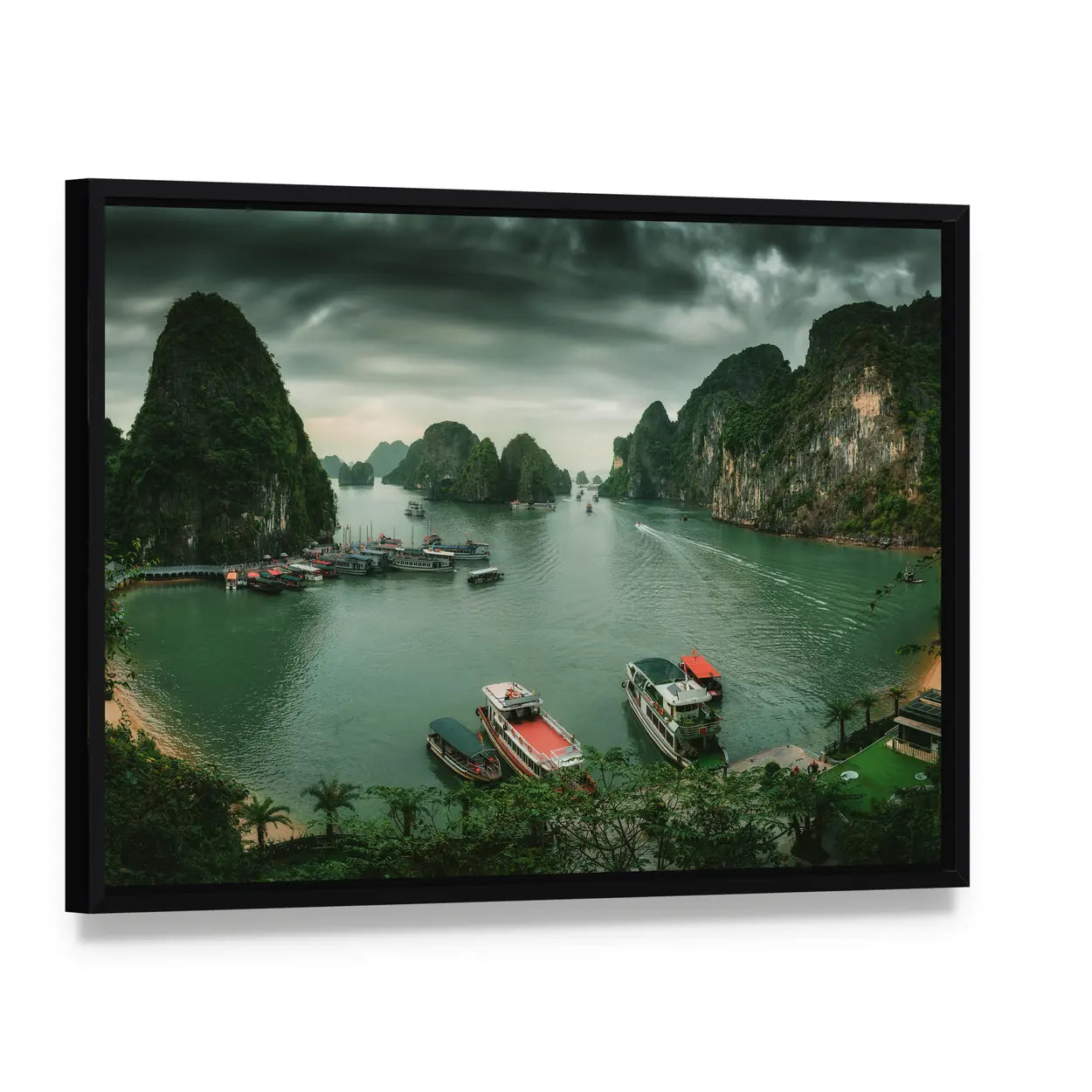 Ha Long Bay In Vietnam Canvas Wall Art, framed canvas in a black floater frame, angled product view