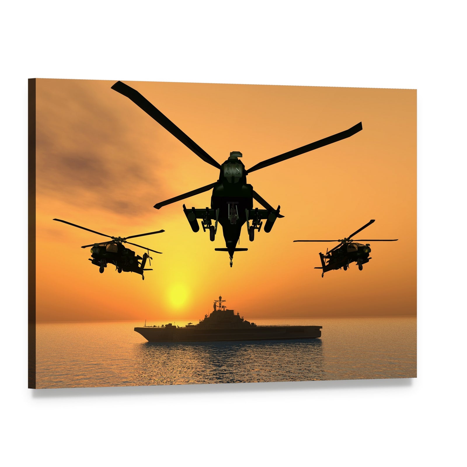 Three Apache Helicopters Canvas Wall Art, single panel gallery wrapped canvas, angled product view