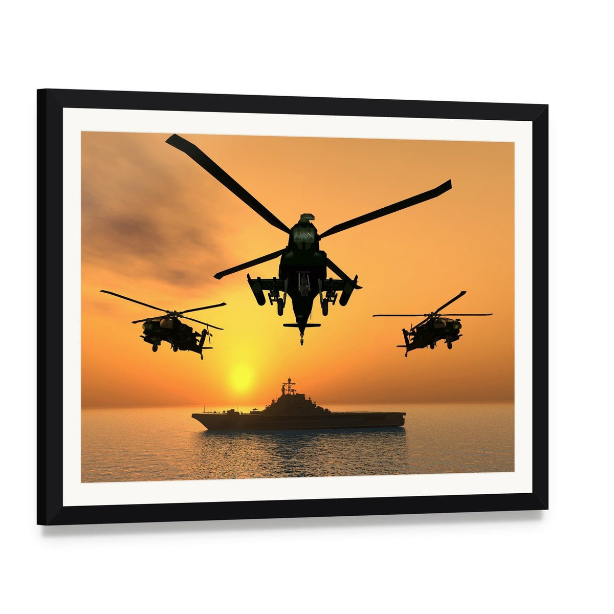 Three Apache Helicopters Canvas Wall Art, framed print with white mat and black frame, angled product view