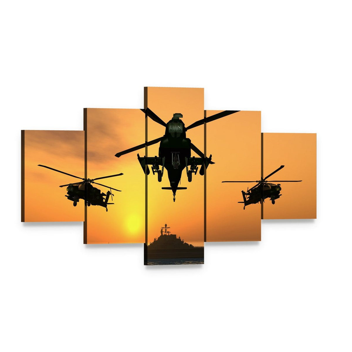 Three Apache Helicopters Canvas Wall Art, 5 panel 5 Star layout gallery wrapped canvas set, angled product view
