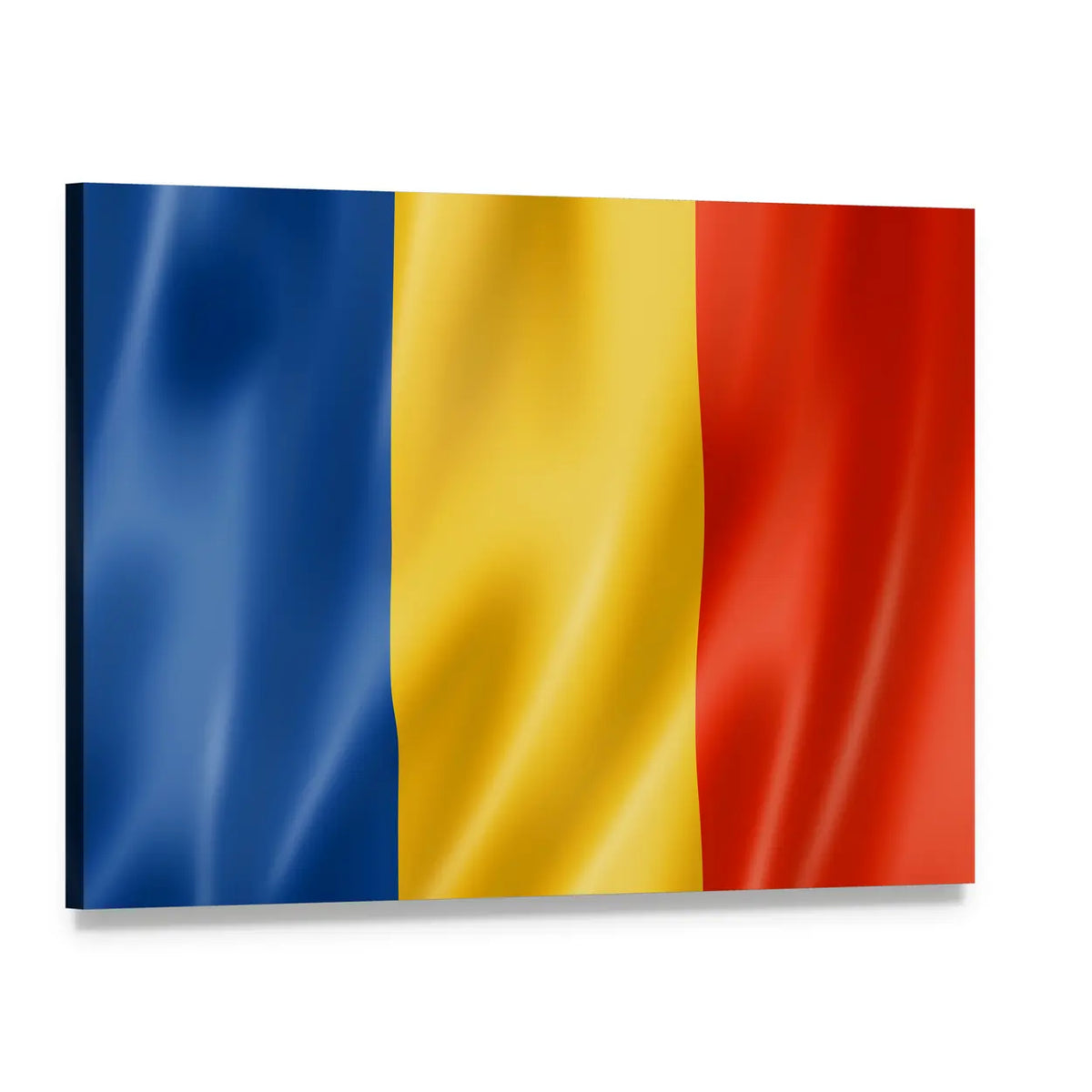 Romanian Flag with Wavy Fabric Texture Canvas Wall Art, single panel gallery wrapped canvas, angled product view