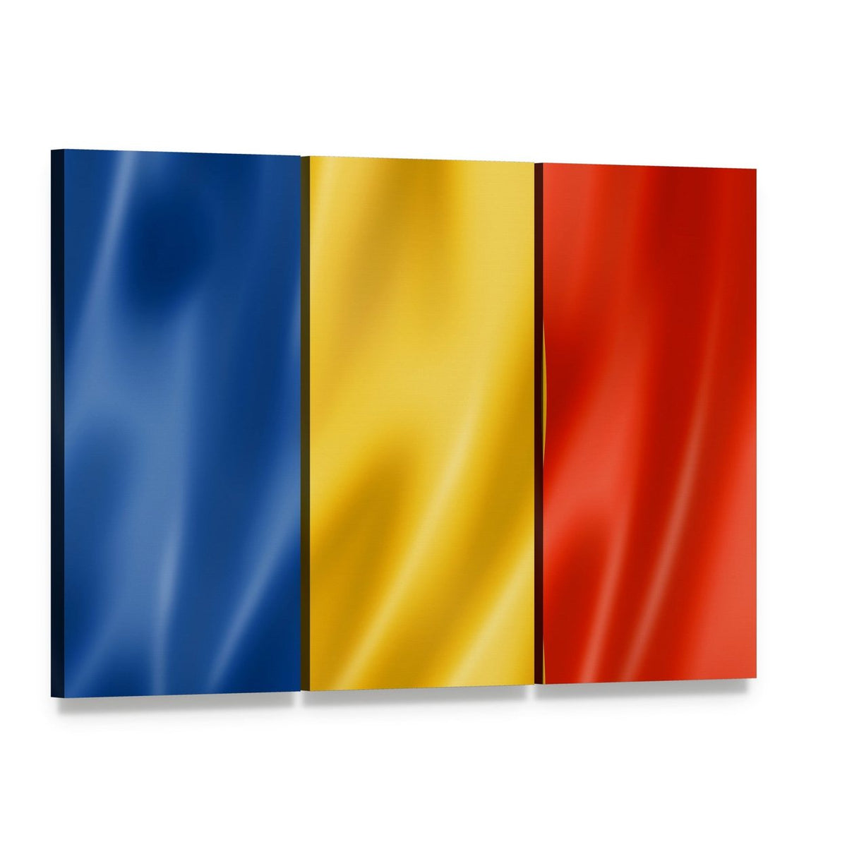 Waving Romanian Flag Canvas Wall Art, 3 panel 3 Horizontal layout gallery wrapped canvas set, angled product view