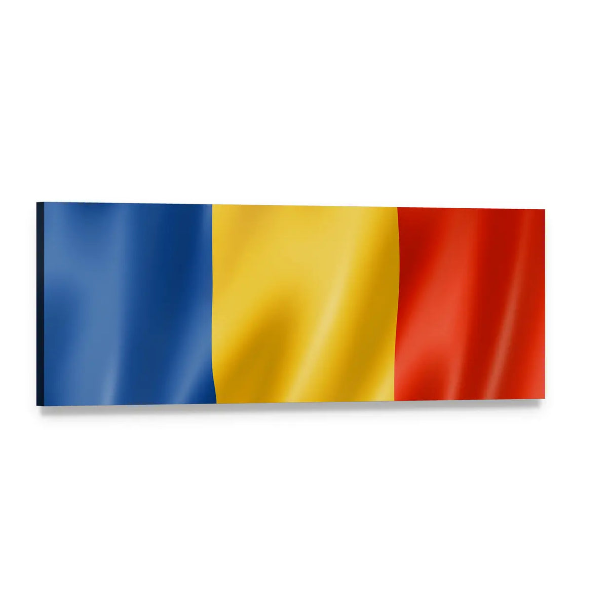 Waving Romanian Flag with Fabric Texture Panoramic Canvas Wall Art, single panel gallery wrapped canvas, angled product view