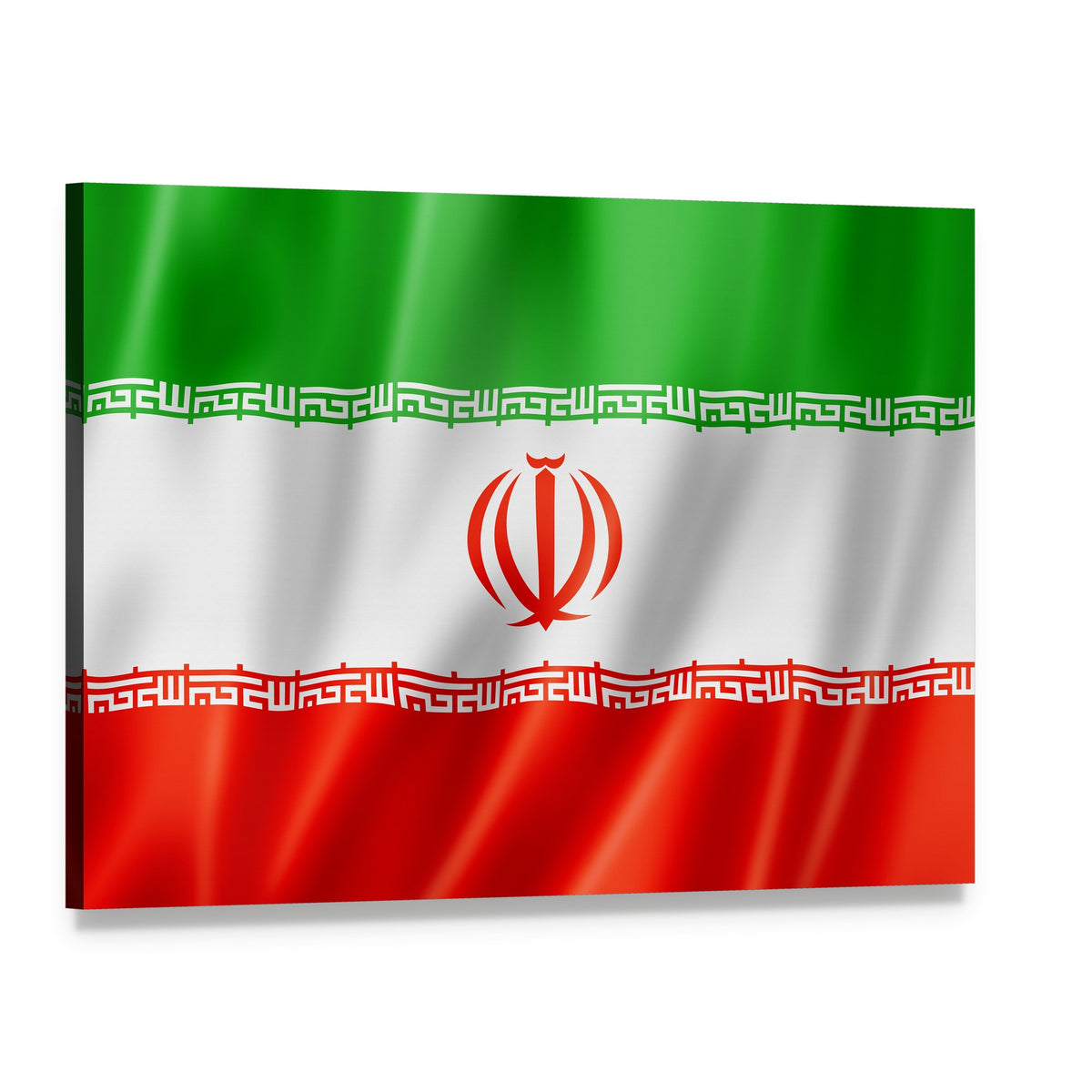 Waving Iran Flag with Embossed Emblem Canvas Wall Art, single panel gallery wrapped canvas, angled product view