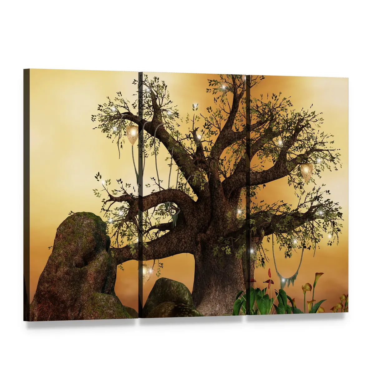 Enchanted Tree with Glowing Lanterns Canvas Wall Art, 3 panel 3 Horizontal layout gallery wrapped canvas set, angled product view