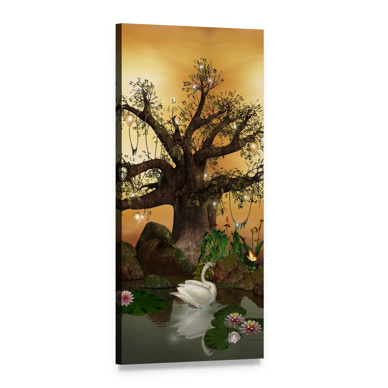 Enchanted Tree and Swan at Golden Hour Vertical Canvas Wall Art, 1 panel 1 Vertical layout gallery wrapped canvas set, angled product view