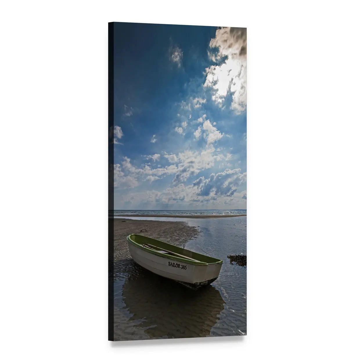 Rowboat on Baltic Sea Coast Vertical Canvas Wall Art, 1 panel 1 Vertical layout gallery wrapped canvas set, angled product view