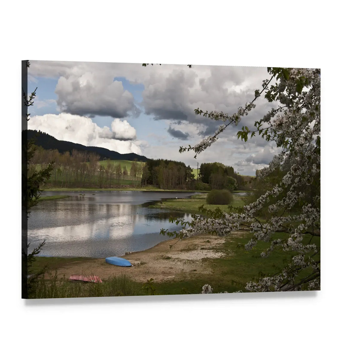 Sandy Beach by the Vltava with Blue Boat Canvas Wall Art, single panel gallery wrapped canvas, angled product view