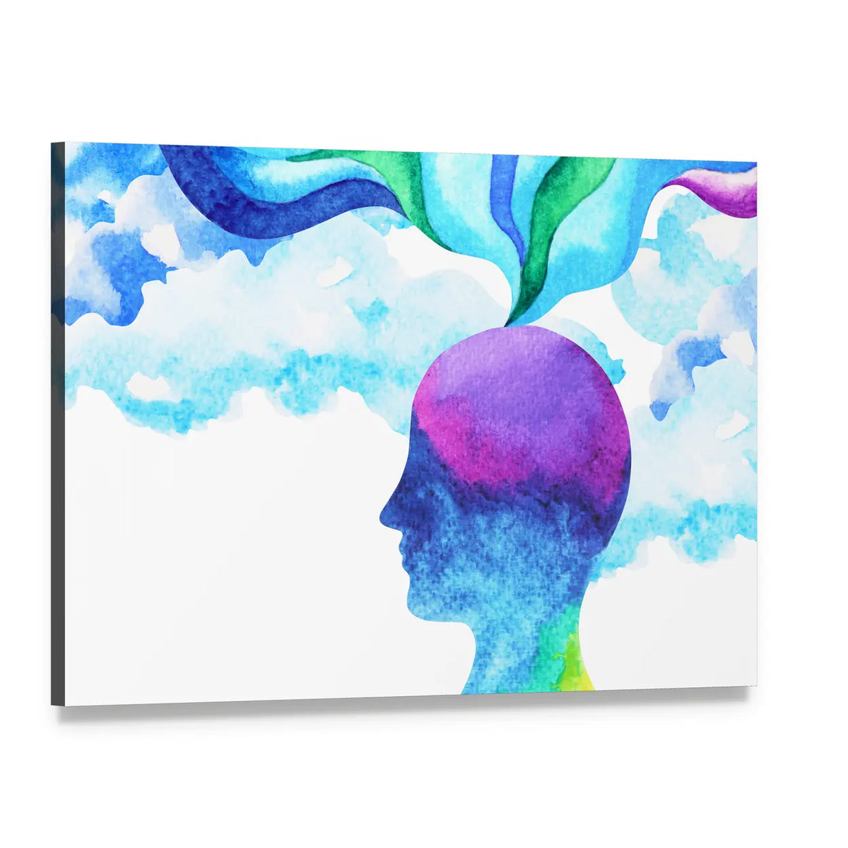 Abstract Mind Silhouette in Blue Watercolor Canvas Wall Art, single panel gallery wrapped canvas, angled product view