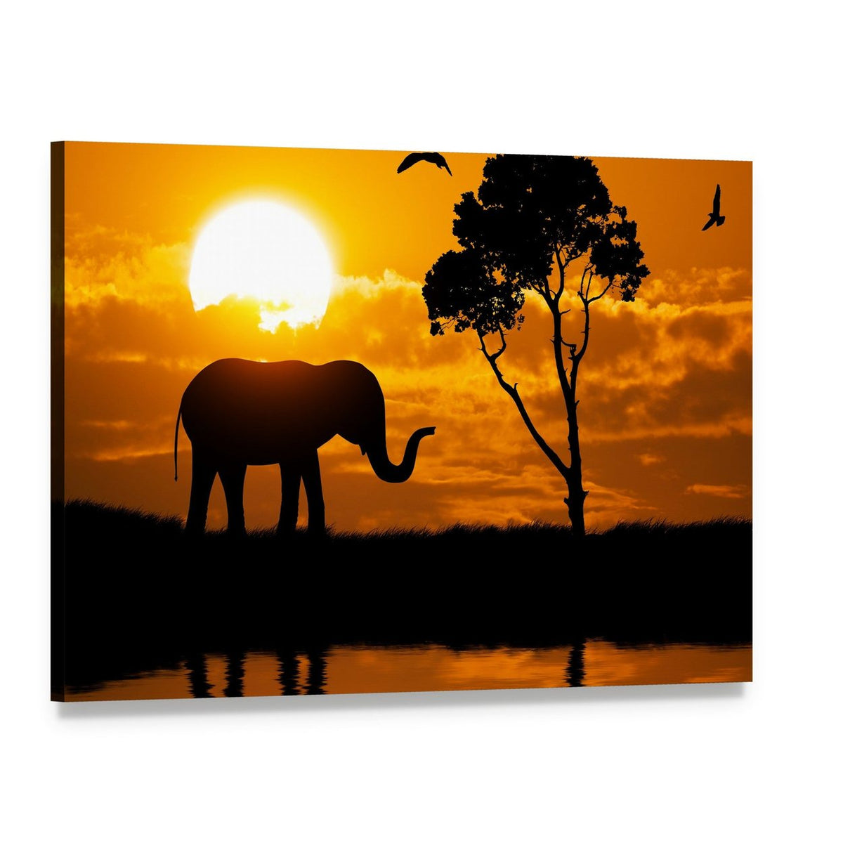 Silhouette of Elephant Canvas Wall Art, single panel gallery wrapped canvas, angled product view