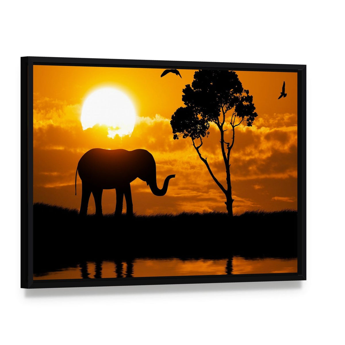 Silhouette of Elephant Canvas Wall Art, framed canvas in a black floater frame, angled product view