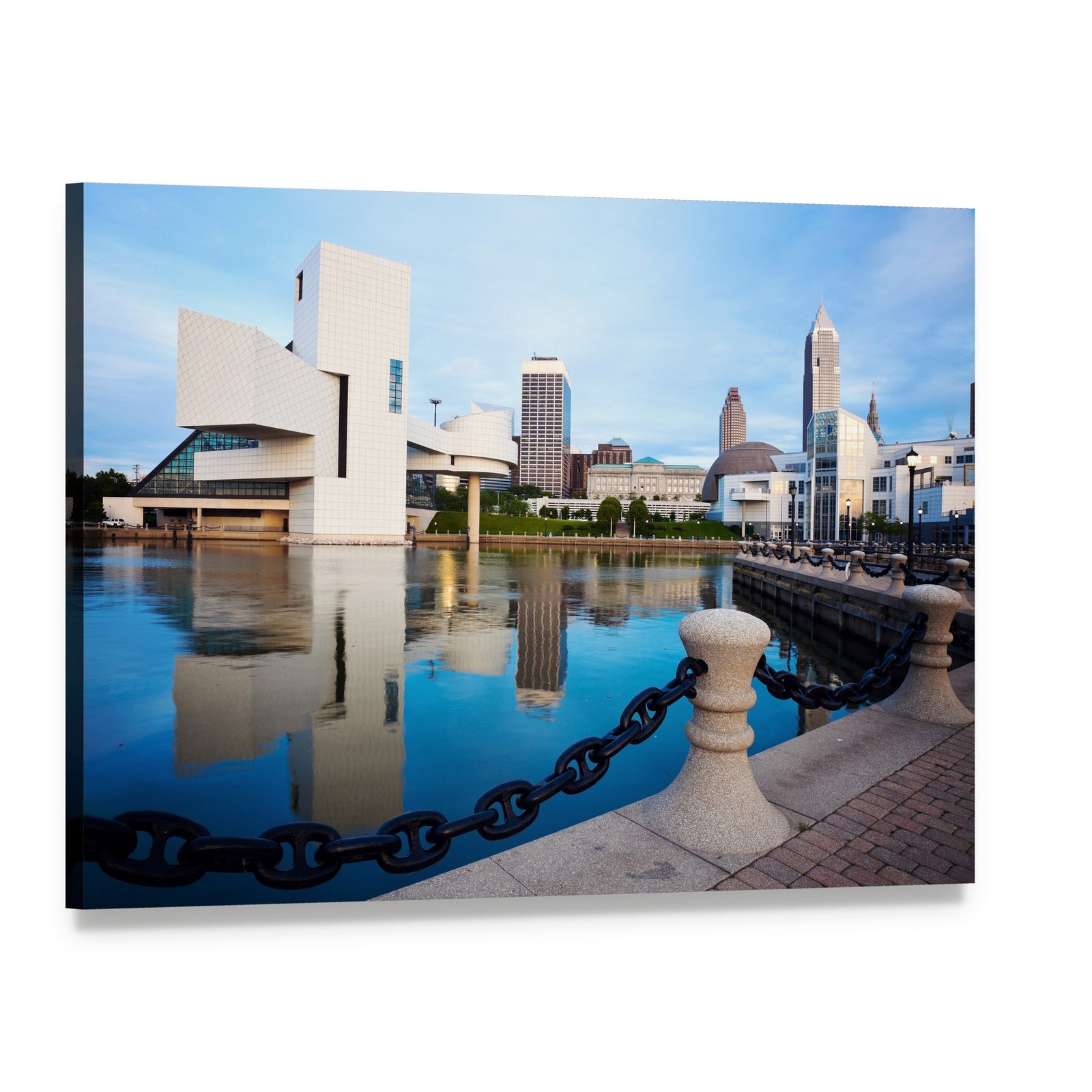 Cleveland Skyline with Rock and Roll Hall of Fame Canvas Wall Art, single panel gallery wrapped canvas, angled product view