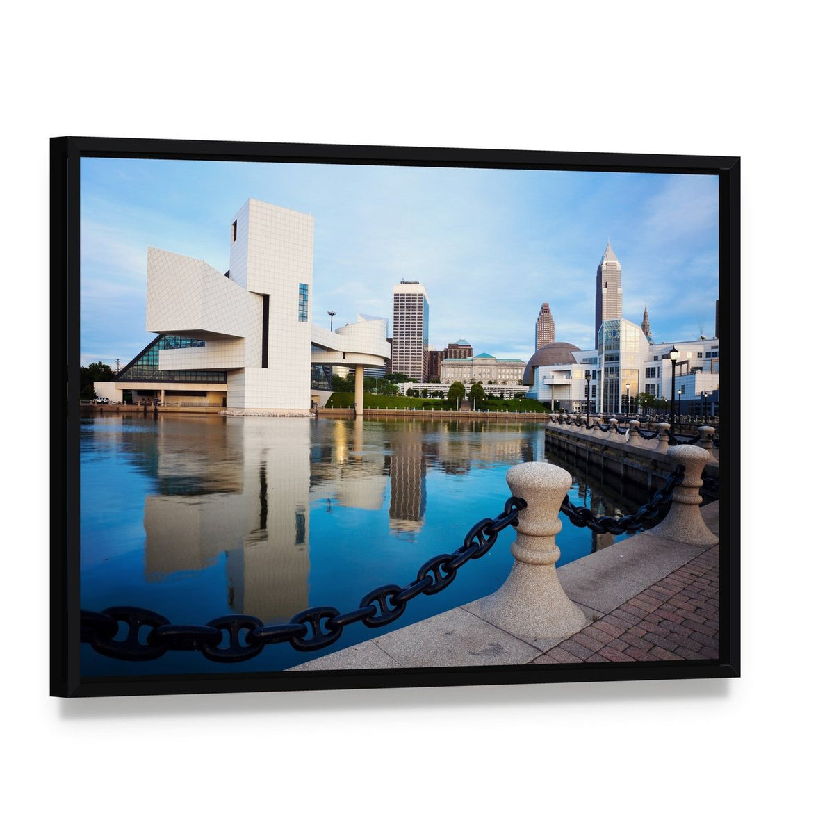 Cleveland Skyline with Rock and Roll Hall of Fame Canvas Wall Art, framed canvas in a black floater frame, angled product view