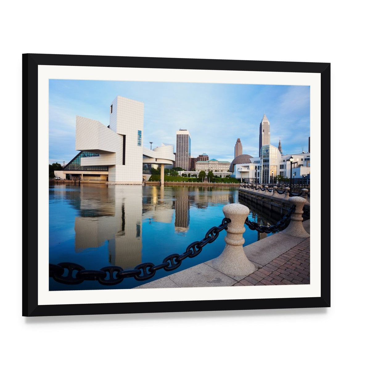 Cleveland Skyline with Rock and Roll Hall of Fame Canvas Wall Art, framed print with white mat and black frame, angled product view