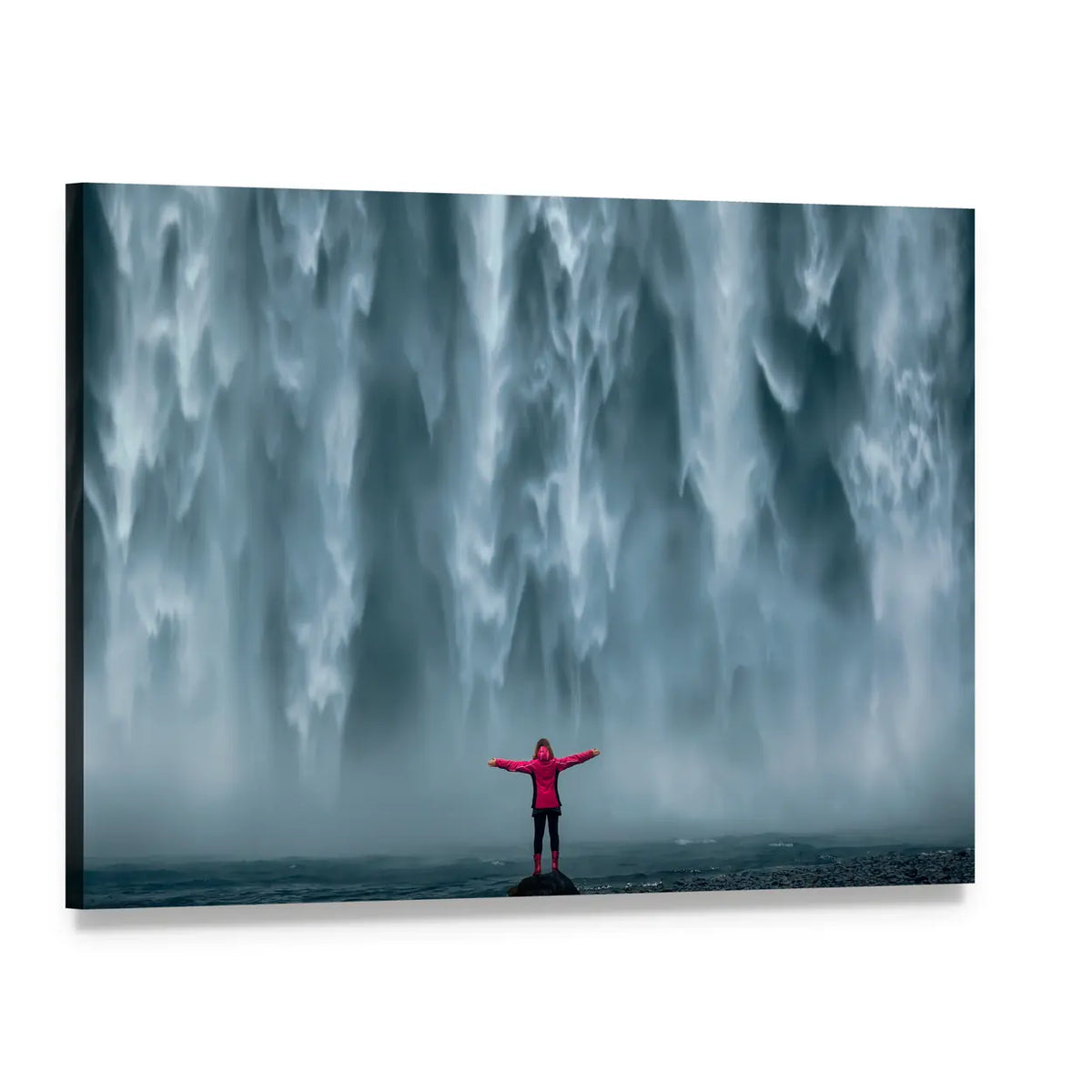 Girl Against Skogafoss Waterfall At South Iceland Canvas Wall Art, single panel gallery wrapped canvas, angled product view