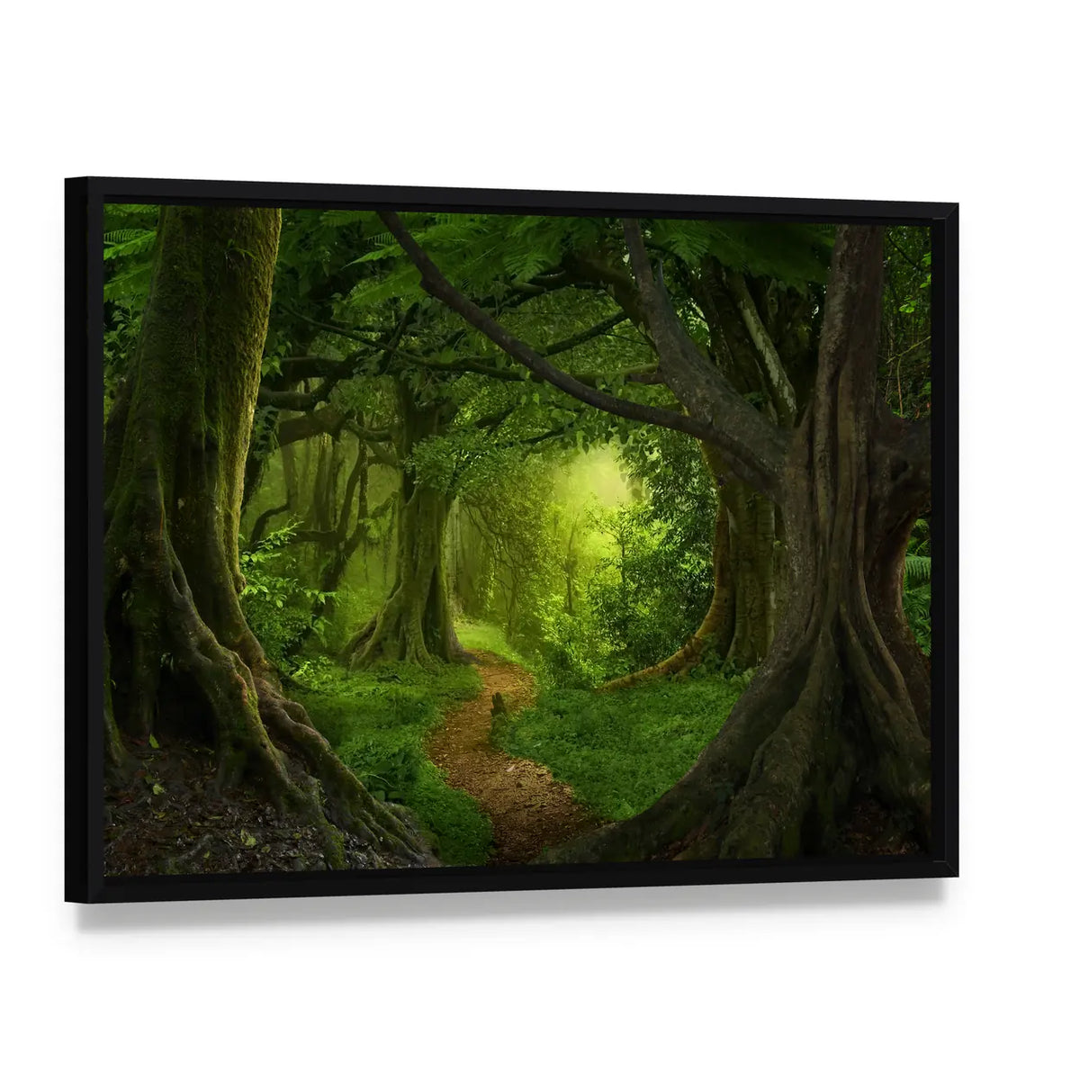 Deep Jungle Path in Southeast Asia Canvas Wall Art, framed canvas in a black floater frame, angled product view
