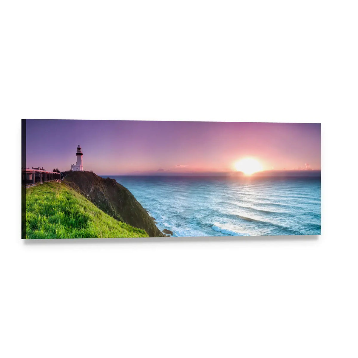 Byron Bay Lighthouse at Sunrise Panoramic Canvas Wall Art, single panel gallery wrapped canvas, angled product view