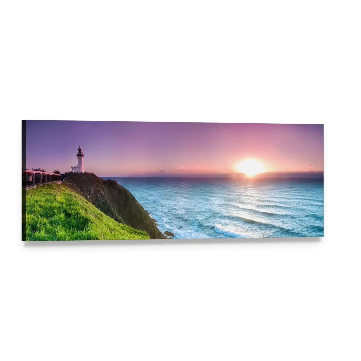 Byron Bay Lighthouse at Sunrise Panoramic Canvas Wall Art, single panel gallery wrapped canvas, angled product view