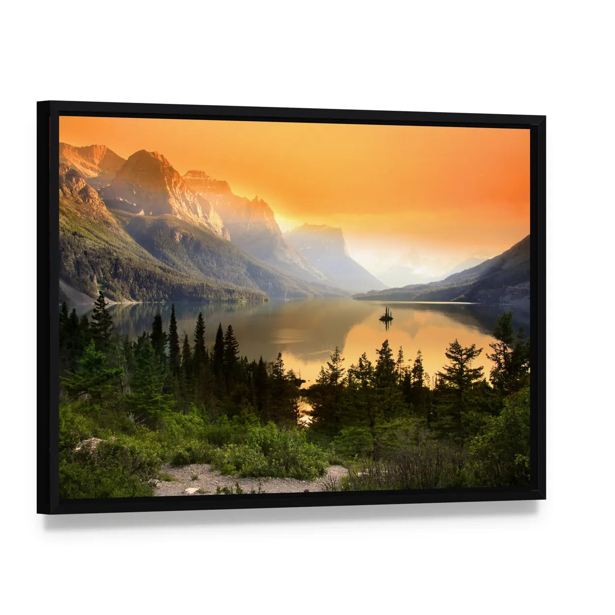 Wild Goose Island, Glacier National Park Canvas Wall Art, framed canvas in a black floater frame, angled product view