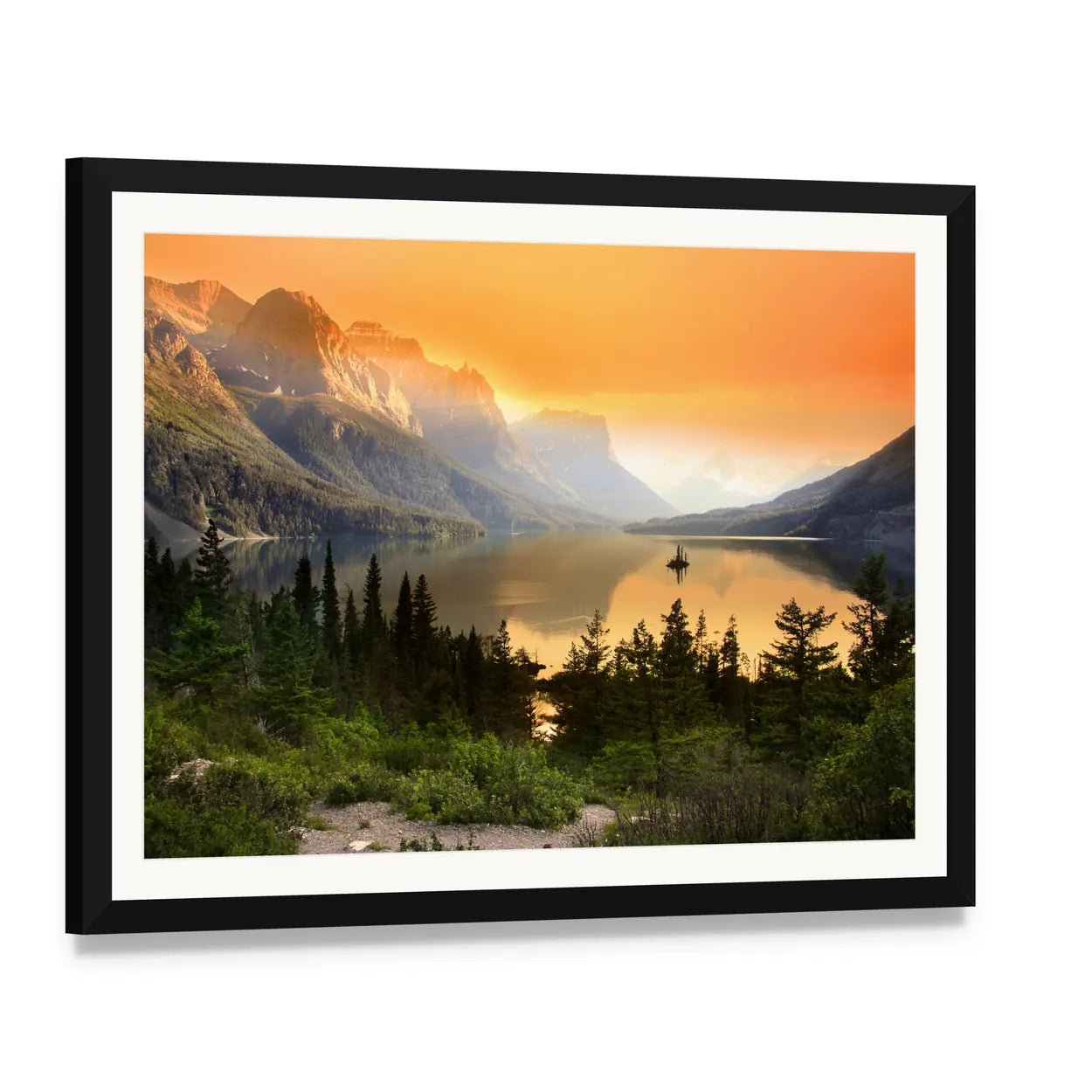 Wild Goose Island, Glacier National Park Canvas Wall Art, framed print with white mat and black frame, angled product view