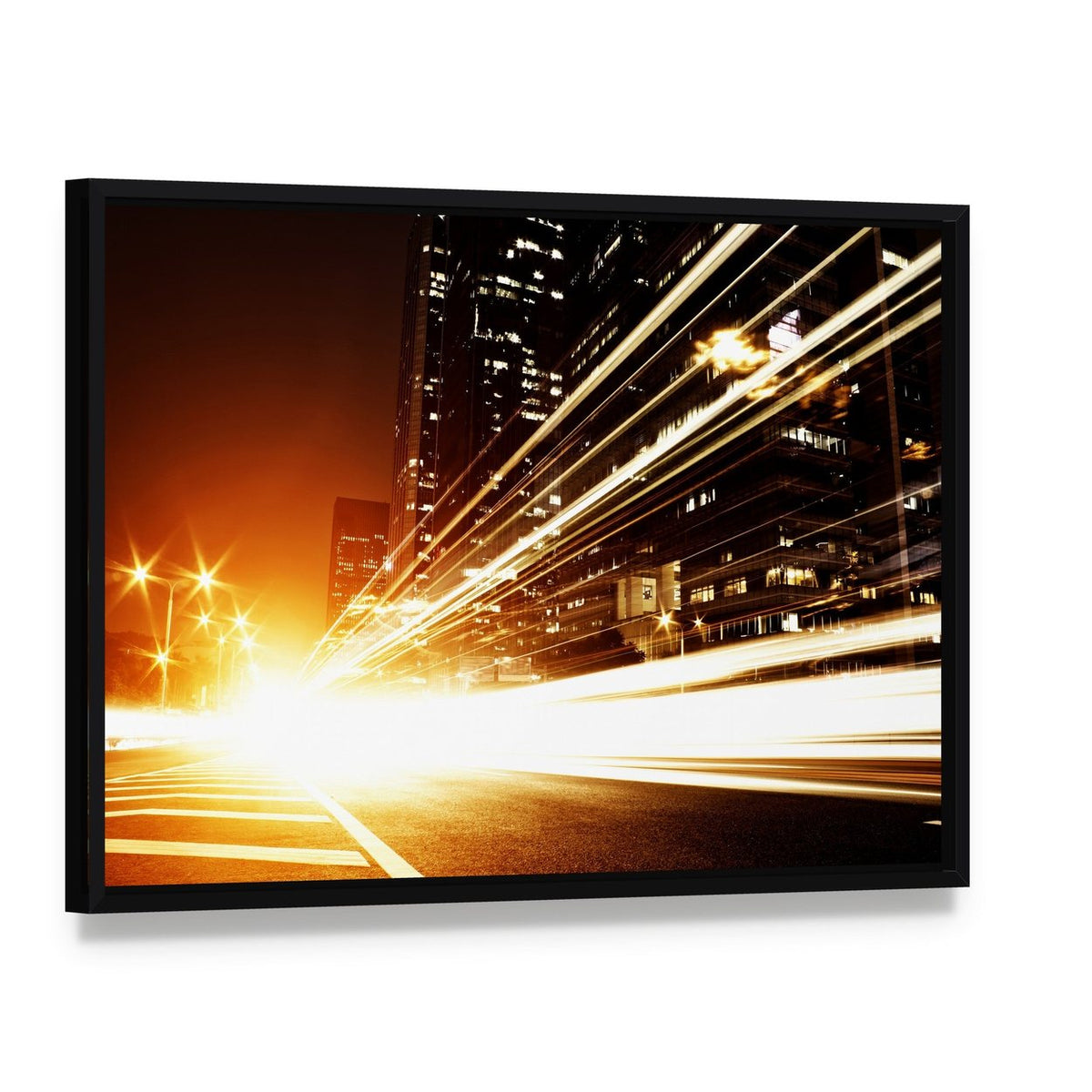 High Speed Cars at Night Canvas Wall Art, framed canvas in a black floater frame, angled product view
