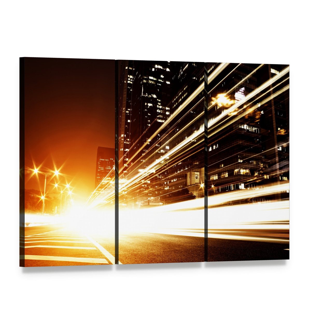 High Speed Cars at Night Canvas Wall Art, 3 panel 3 Horizontal layout gallery wrapped canvas set, angled product view