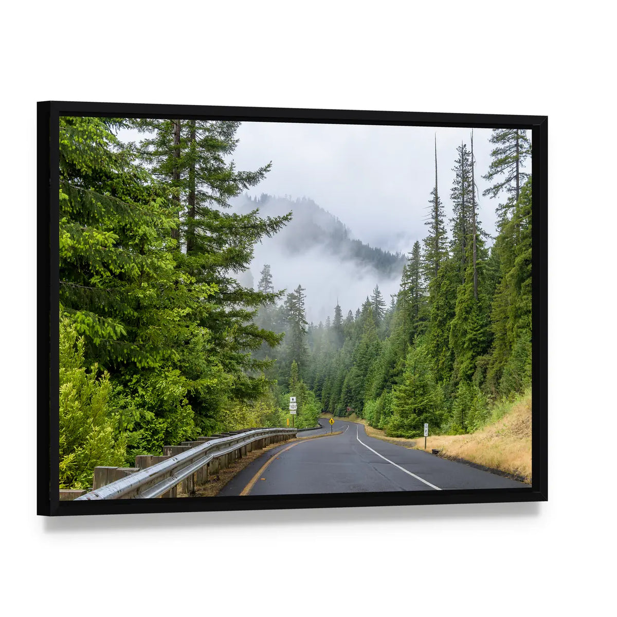 Highway in Redwood Forest Canvas Wall Art, framed canvas in a black floater frame, angled product view
