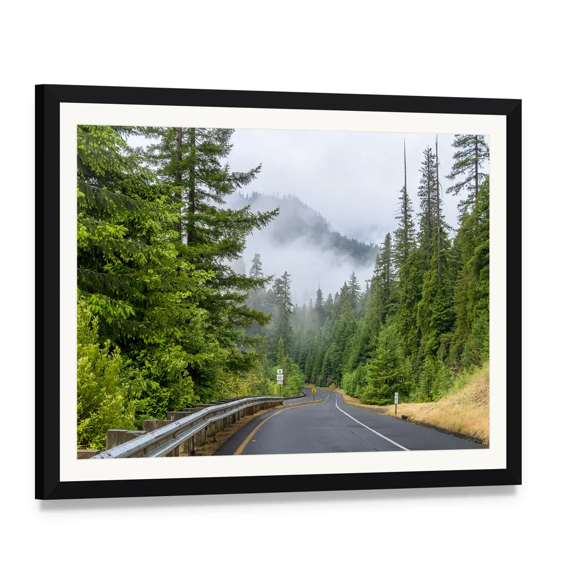 Highway in Redwood Forest Canvas Wall Art, framed print with white mat and black frame, angled product view