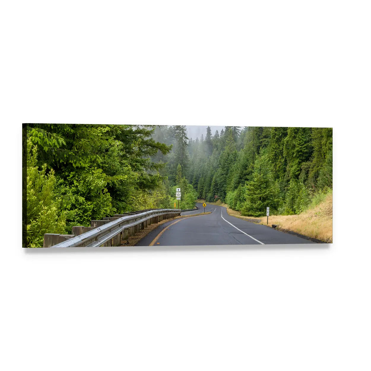 Misty Forest Road with Guardrail Panoramic Canvas Wall Art, single panel gallery wrapped canvas, angled product view