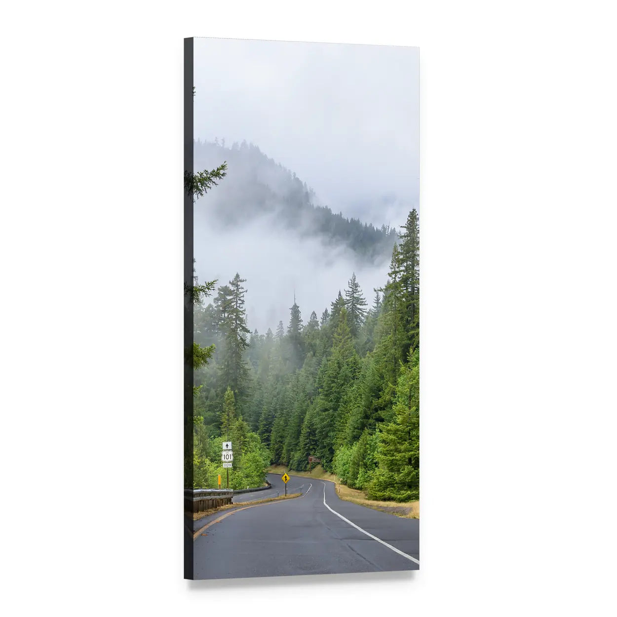 Mountain Road Through Misty Pines Vertical Canvas Wall Art, 1 panel 1 Vertical layout gallery wrapped canvas set, angled product view