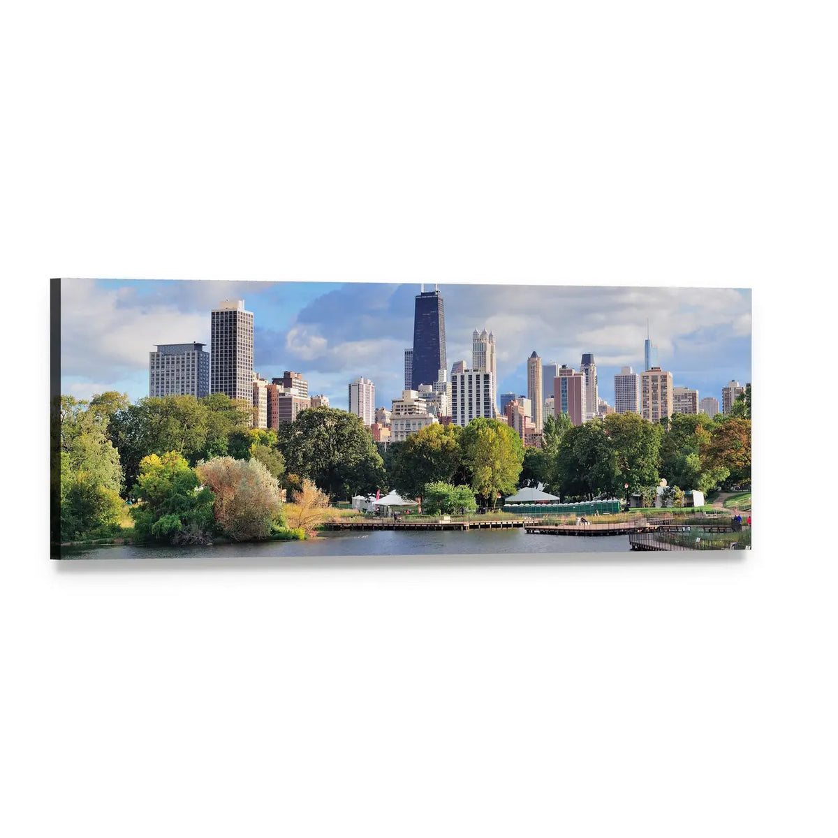 Chicago Skyline with John Hancock Center Panoramic Canvas Wall Art, single panel gallery wrapped canvas, angled product view