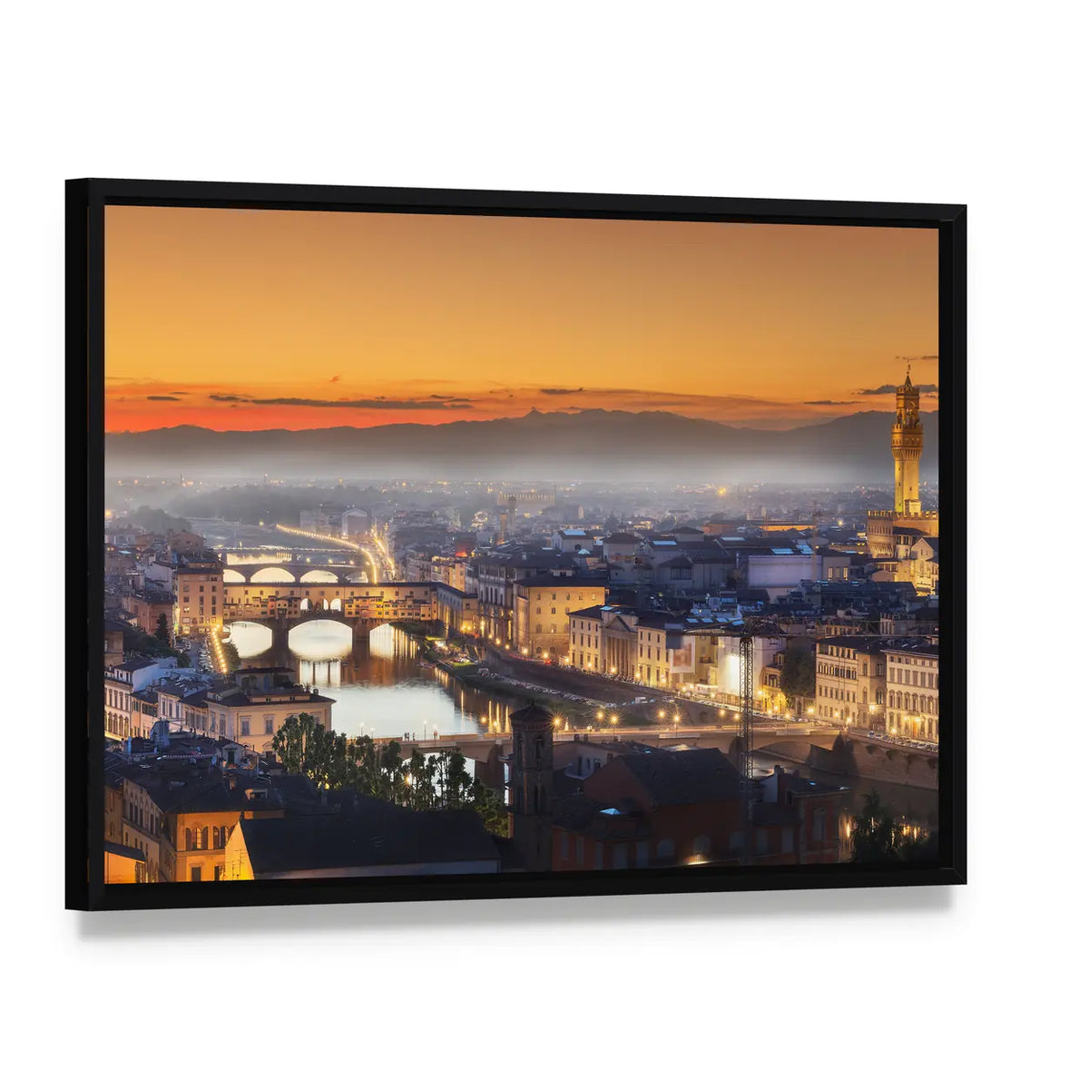 Florence During Sunset Canvas Wall Art, framed canvas in a black floater frame, angled product view
