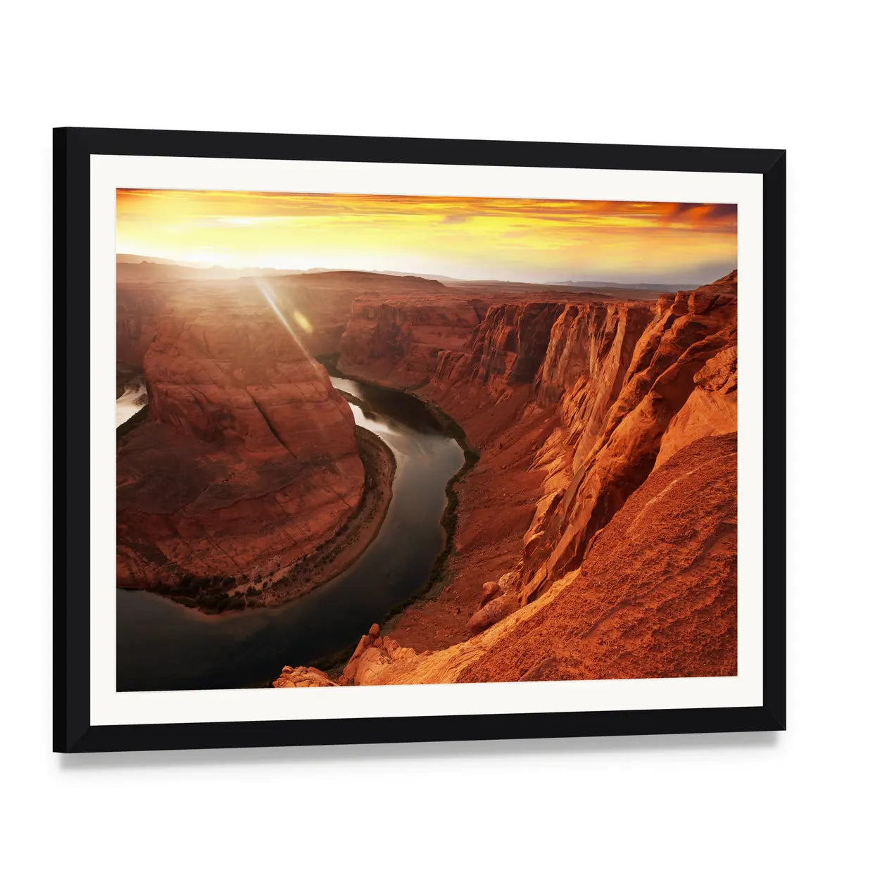 Horseshoe Bend at Sunset Canvas Wall Art, framed print with white mat and black frame, angled product view