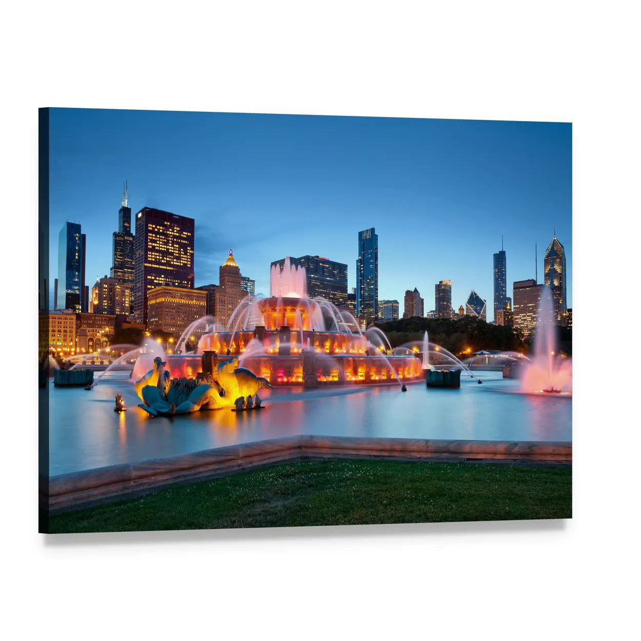 Buckingham Fountain, Chicago Skyline Canvas Wall Art, single panel gallery wrapped canvas, angled product view