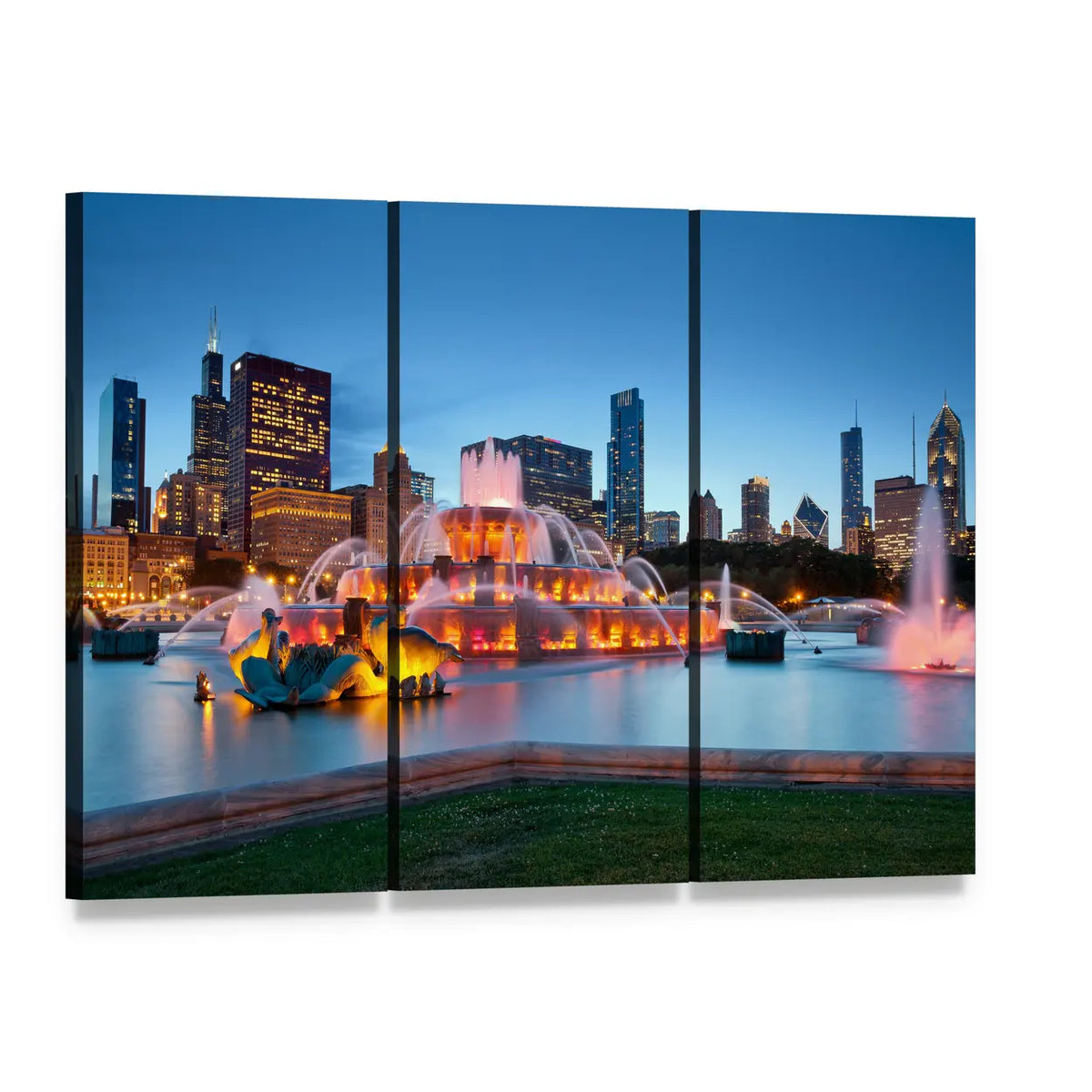 Buckingham Fountain Chicago Night Scene Canvas Wall Art, 3 panel 3 Horizontal layout gallery wrapped canvas set, angled product view